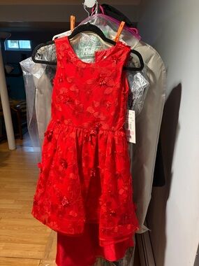 Rare Editions Red Floral Overlay Party Dress for Girls
